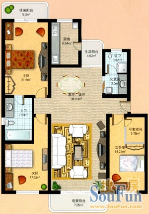 恒宾园恒宾园 户型图 3室2厅2卫1厨 152.30㎡