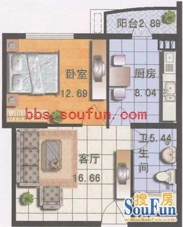 时代庐峰1#A户型&nbsp;1室1厅1卫1厨 57.24㎡
