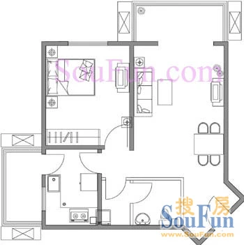 上东上品2#角楼七单元B户型 1室2厅1卫1厨 65.35㎡