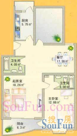 新华联锦园户型图 1室2厅2卫1厨 86.00㎡