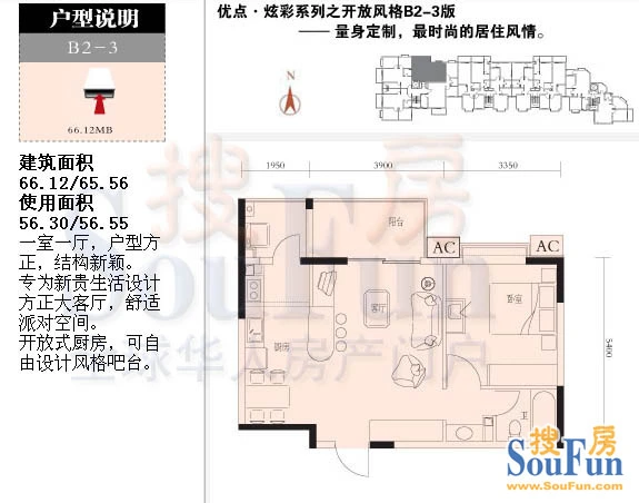 优点社区2号楼B2-3户型 1室1厅1卫1厨 66.12㎡