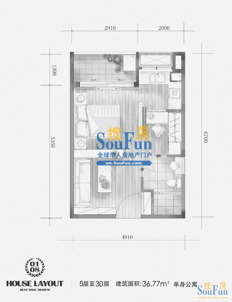 百源双玺5层至30层单身公寓 1室1厅1卫1厨 36.77㎡