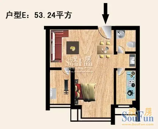 建业枫林上院E户型 1室2厅1卫0厨 53.24㎡