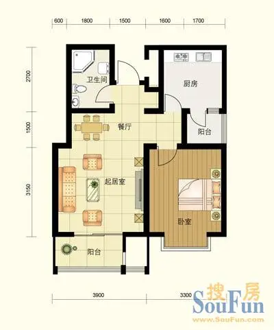 雅士蓝汀A户型 1室2厅1卫1厨 73.90㎡