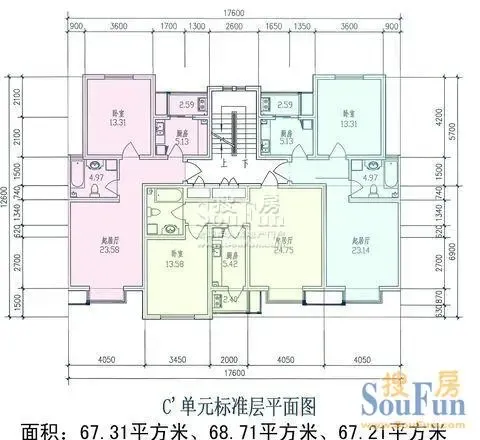 新城人家C单元标准层平面图&nbsp;1室1厅1卫1厨 67.31㎡