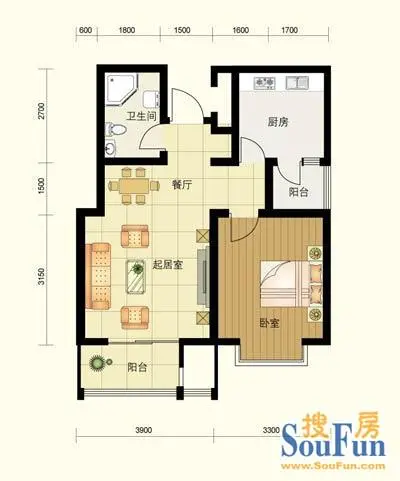 于泽欣苑A户型 1室1厅1卫0厨 73.90㎡