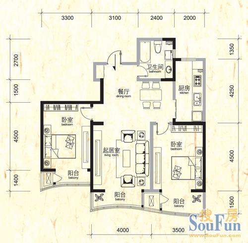 世纪金三角公寓1、2号楼标准层A户型 2室2厅1卫0厨 122.00㎡