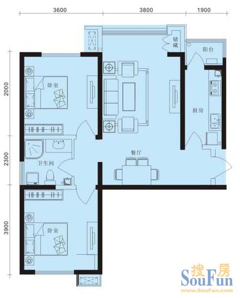 泰富橄榄树3号楼标准层2室户型 2室2厅1卫1厨 90.00㎡