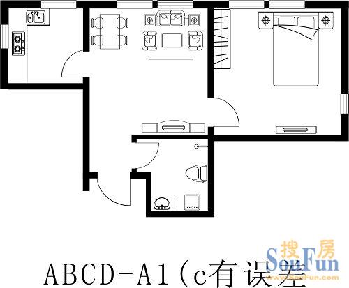 西青时代名居一期5号楼标准层A1户型图 1室1厅1卫1厨 58.45㎡