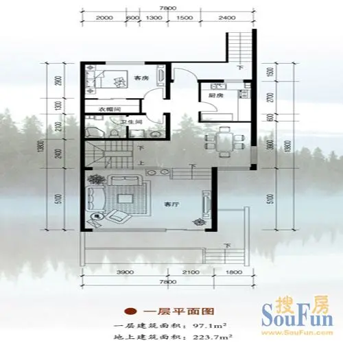 卓达太阳城别墅B1户型1层 4室3厅4卫1厨 223.70㎡