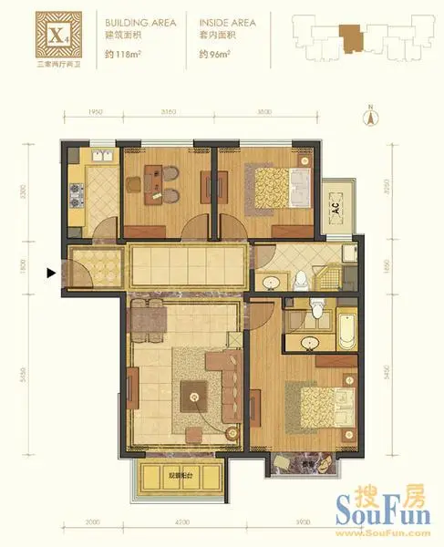 太阳公元 2组团6号楼x4-2户型 3室2厅2卫1厨118㎡