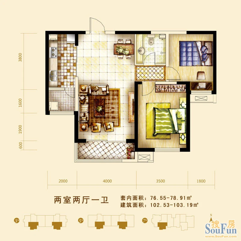 燕都紫阁J户型 2室2厅1卫1厨 102.53㎡