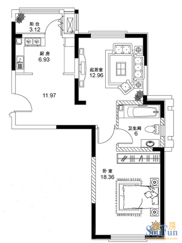 洛卡小镇国际公寓一期1号楼标准层A户型 1室1厅1卫1厨 74.00㎡