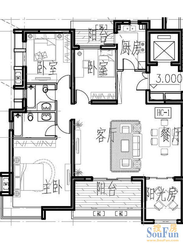 济南鑫苑名家花园洋房140平米三室两厅一卫户型