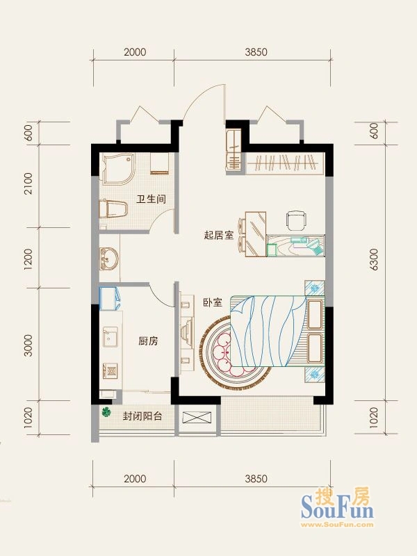 保利百合香湾一期D户型图 1室1厅1卫1厨 46.00㎡