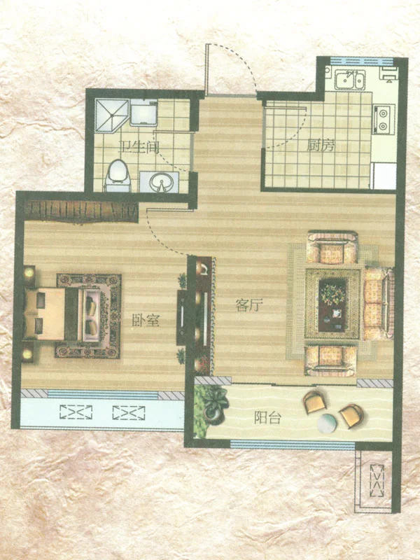 东方公园世家4、5#楼4\5-D户型 1室1厅1卫1厨 55.00㎡