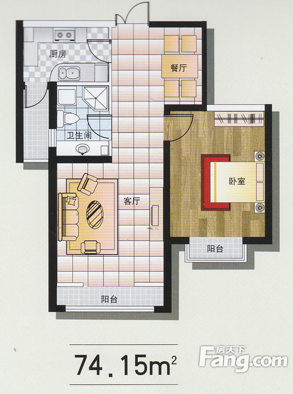馨月湾一期高层标准层1室户型 1室2厅1卫1厨 74.15㎡