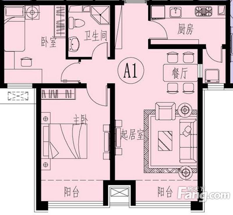 泰达汉郡3号楼标准层A1户型 2室2厅1卫1厨 87.82㎡