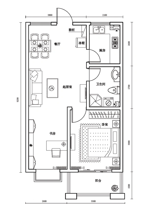 金日紫都14#楼标准层户型图 1室2厅1卫1厨 69.58㎡