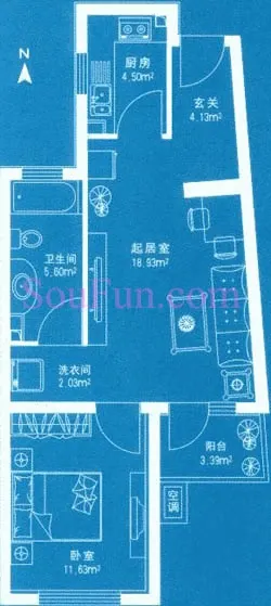 东方太阳城明湖园72.65平米 户型图&nbsp;1室1厅1卫1厨 0.00㎡