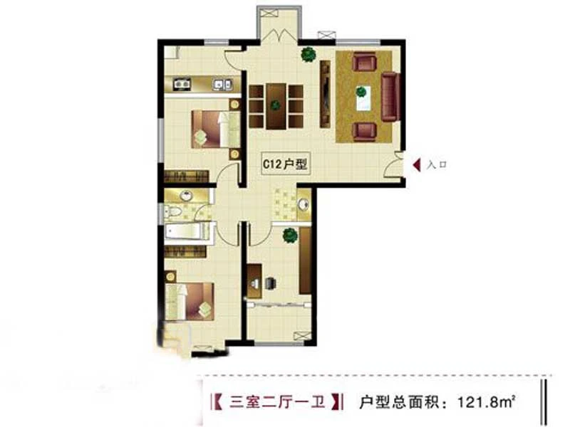 左岸枫桥一期标准层c1户型121.8㎡ 3室2厅1卫1厨121.80