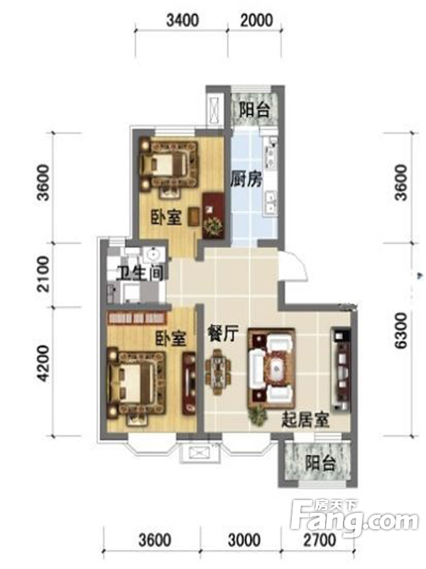 宝境栖园高层标准层C户型 2室2厅1卫1厨 90.00㎡