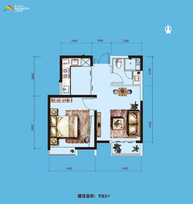 爱尚公寓1号楼标准层A1户型 1室2厅1卫0厨 63.00㎡