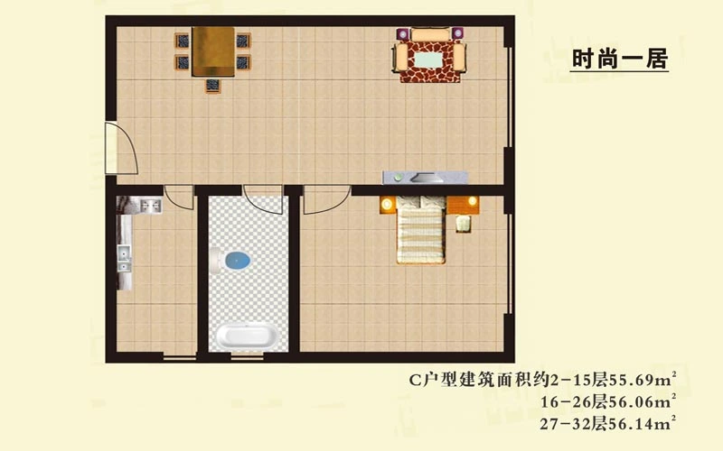 北欧橄榄谷C户型图 1室1厅1卫1厨 56.00㎡