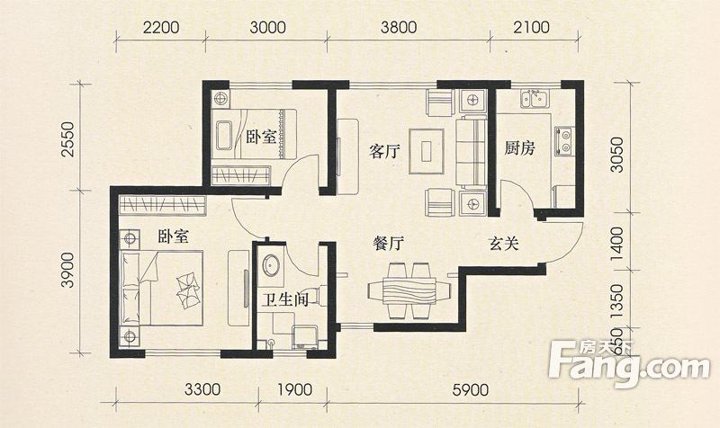 美震瑞景时代1号楼标准层A1户型 2室2厅1卫1厨 75.00㎡