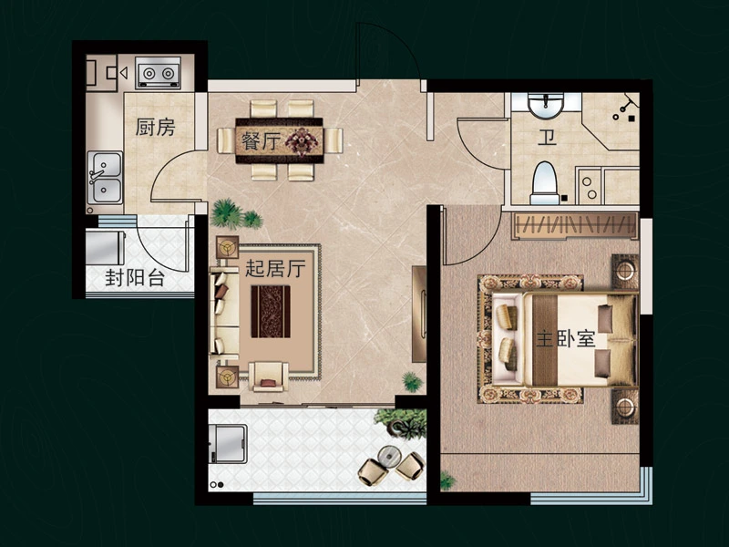 福瀛天麓湖一期5号楼B户型 1室2厅1卫1厨 68.25㎡