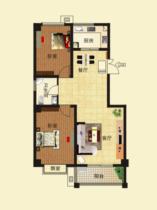 龙泰御花园1#、15#户型 2室2厅1卫1厨 96.88㎡