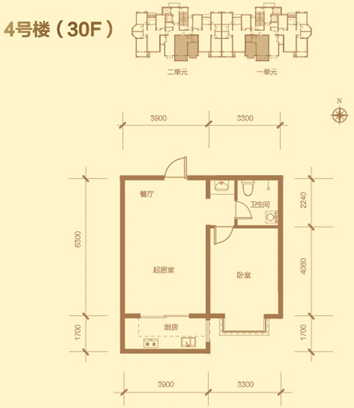 金屋秦皇半岛4号楼非标准层1F-2F B2户型 1室2厅1卫1厨 66.35㎡