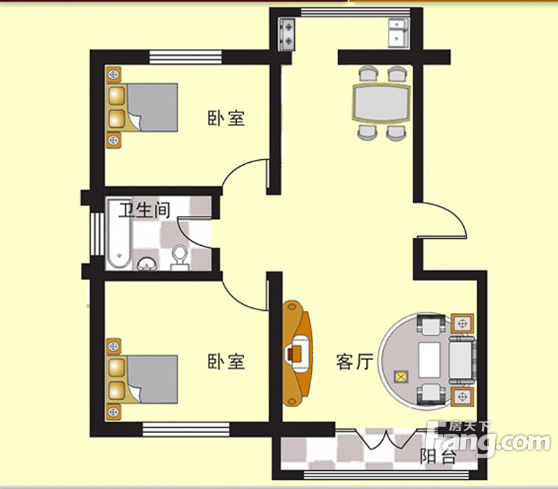 天津星河花园洋房2、4号楼标准层A户型 2室2厅1卫1厨 95.84㎡