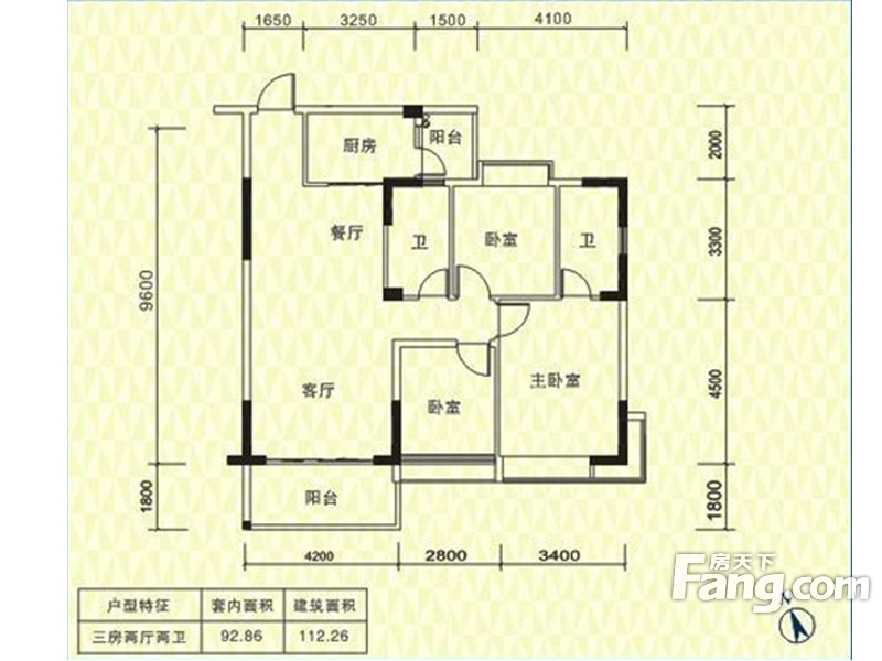 卓粤·卓雅名苑一期C栋01户型 3室2厅2卫1厨 112.26㎡