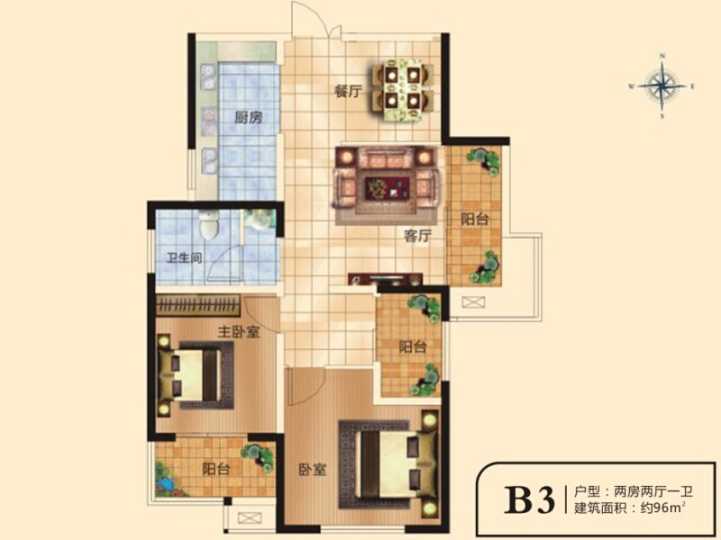 千鹿山一期二期B3户型 2室2厅1卫1厨 96.00㎡