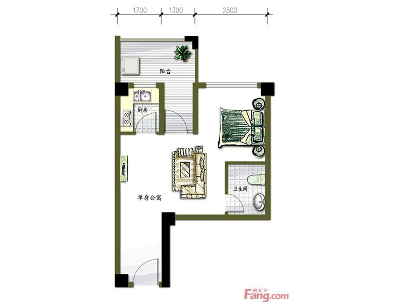 宏益华香港城单身公寓户型（售罄） 1室1厅1卫1厨 35.00㎡