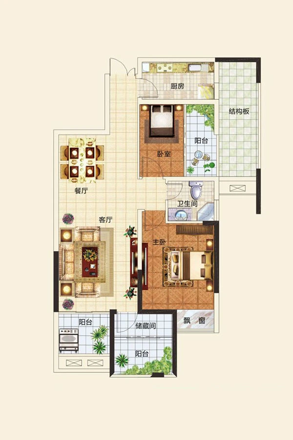 中建观湖国际一期B2户型 2室2厅1卫1厨 89.00㎡