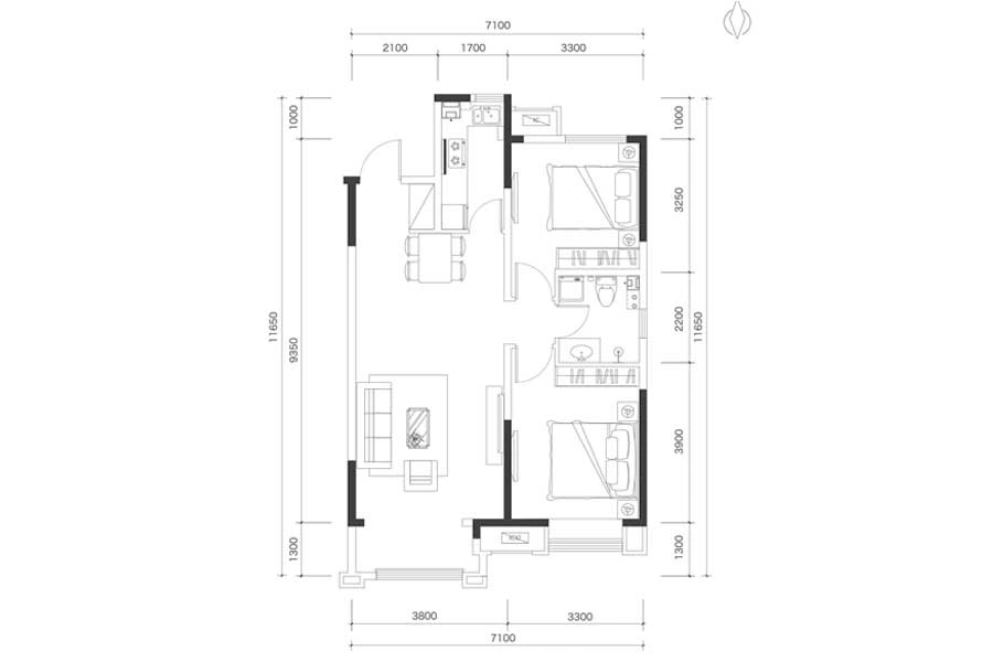 华润城·紫云府5#楼A户型 2室2厅1卫1厨 90.00㎡