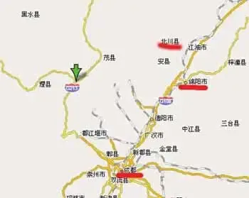 汶川地震和北川县、绵阳、成都在地图上距离位置 汶川地震和北川县、绵阳、成都在地图上距离位置