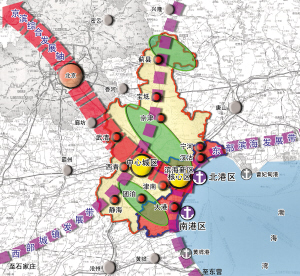 总体战略示意图 双城双港、相向拓展、一轴两带、南北生态