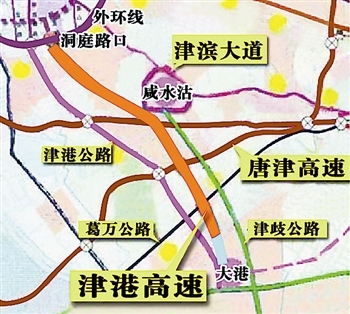 津港高速公路的一期工程起点接洞庭路与外环线交口,终点接大港育梁街