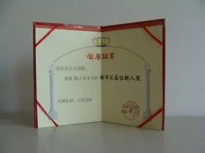 李静的最佳新人奖证书