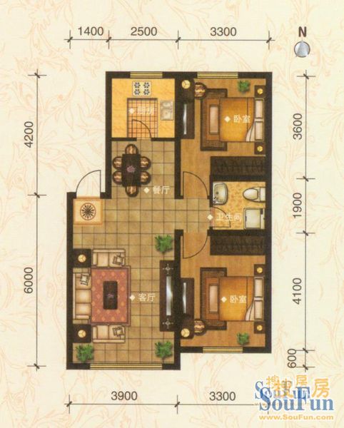 紫光北郡森邻里c户型2室2厅1卫76㎡