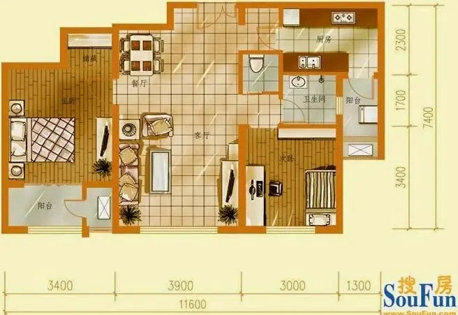 远洋海世纪海悦公馆 96平米全阳两居户型赏析