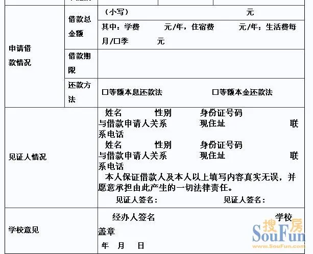 中国建设银行国家助学贷款申请表格