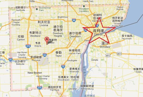 底特律与韦恩县地理位置关系 (图片来自谷歌地图)