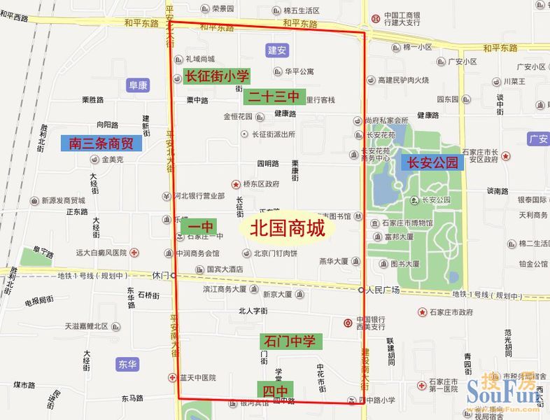 北国商城商圈以石家庄地标性建筑——北国商城为中心,东至