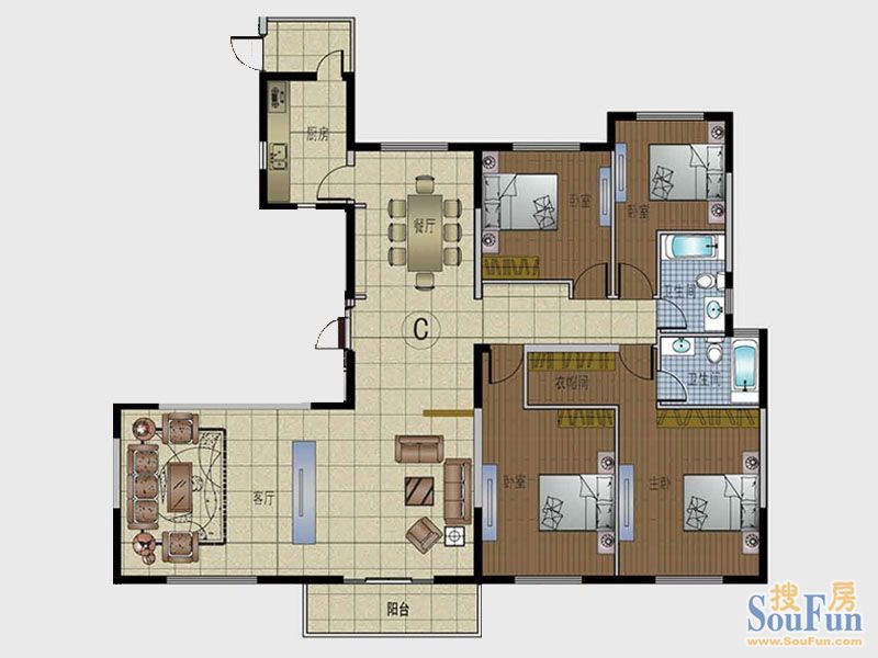 c户型 195.4平米&194.7平米  4房3厅2卫1厨1衣帽间
