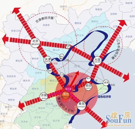 蓝黄两大国家战略区,胶东半岛高端产业聚集区在潍坊滨海叠加.