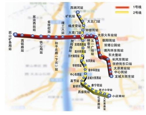 山西第一条地铁线路---地铁2号线线路图